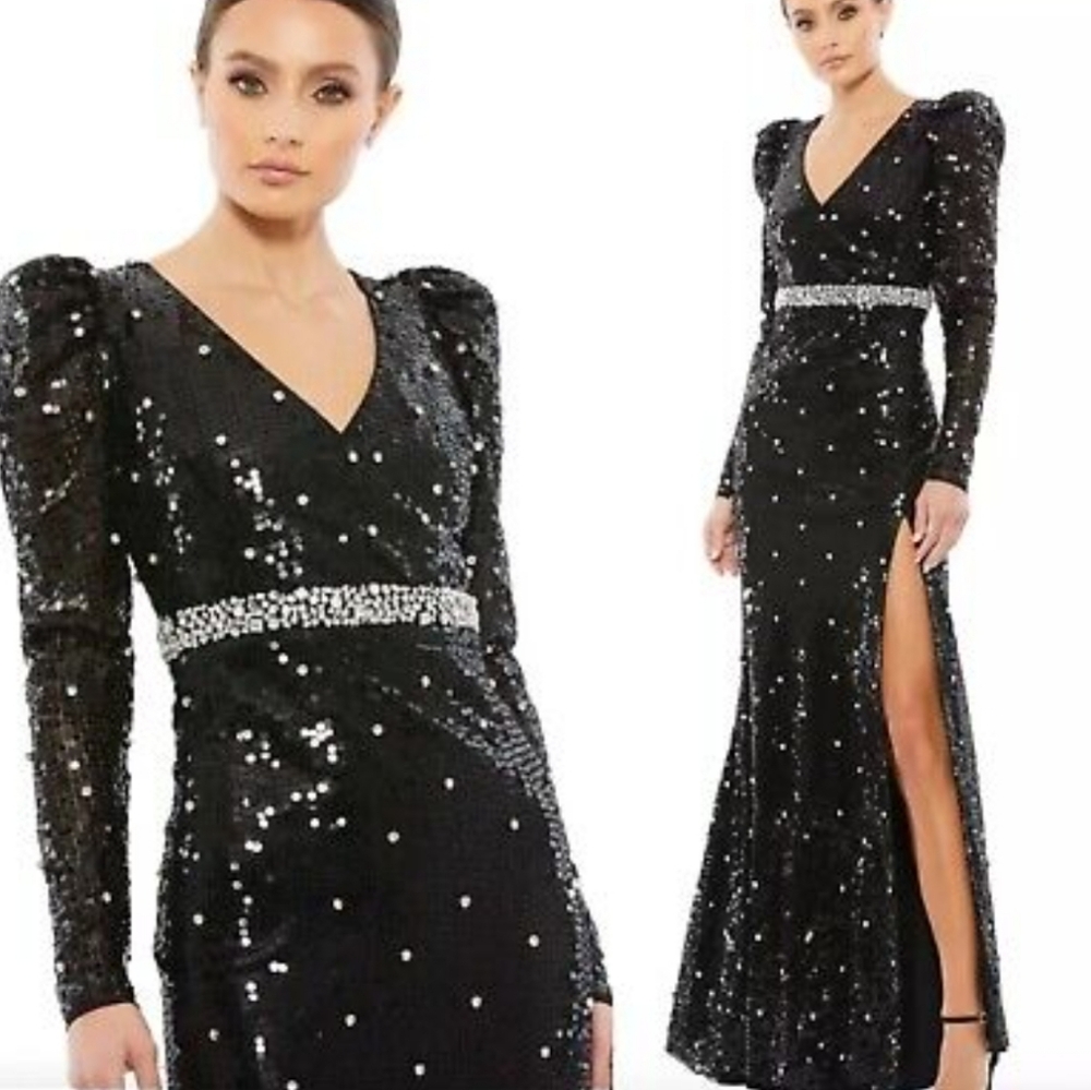 Mac Duggal sequin embellished gown high slit puff sleeves Academia Romantic Sz 6